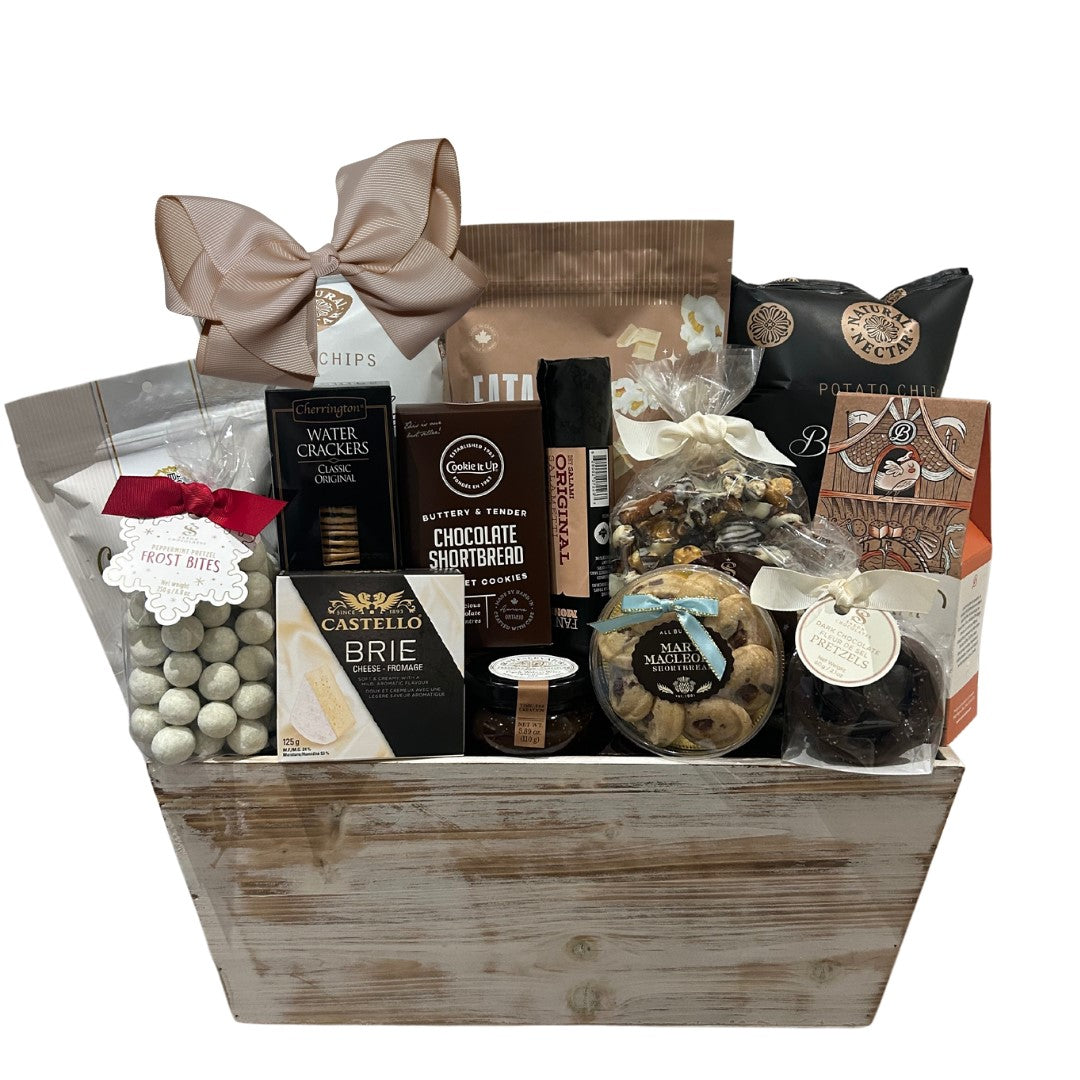 Luxury Academy Awards Indulgence Basket featuring Oscar-worthy Eatable popcorn, truffle chips, Trufino chocolates, artisanal salami, brie cheese, fig and walnut spread, gourmet cookies, and chocolate treats elegantly packaged by Unpredictable Gifts