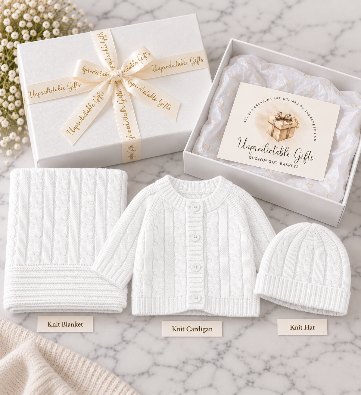 White Cable-Knit Baby Gift Box – 3-Piece Newborn Gift Set 100% Cotton