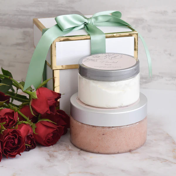 Rose Body Care Gift Set packaging - Beautifully presented luxury skincare duo ready for gifting | Unpredictable Gifts