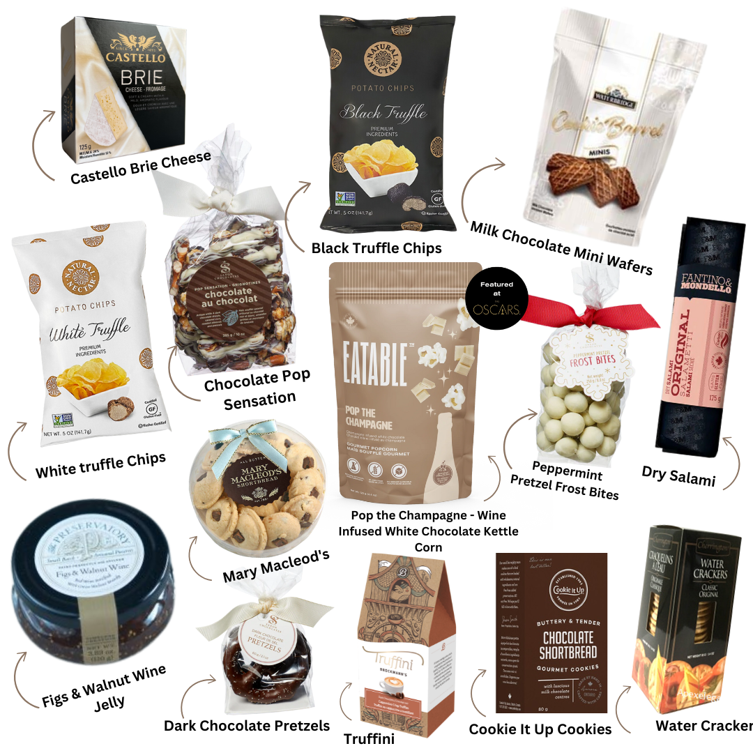 Luxury Academy Awards Indulgence Basket featuring Oscar-worthy Eatable popcorn, truffle chips, Trufino chocolates, artisanal salami, brie cheese, fig and walnut spread, gourmet cookies, and chocolate treats elegantly packaged by Unpredictable Gifts