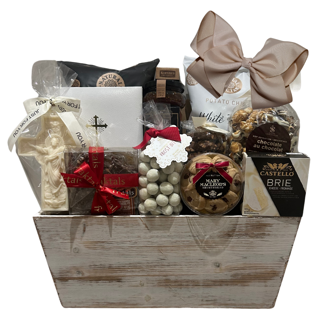 Contents of the Eternal Comfort Sympathy Gift Basket featuring comforting items to express condolences