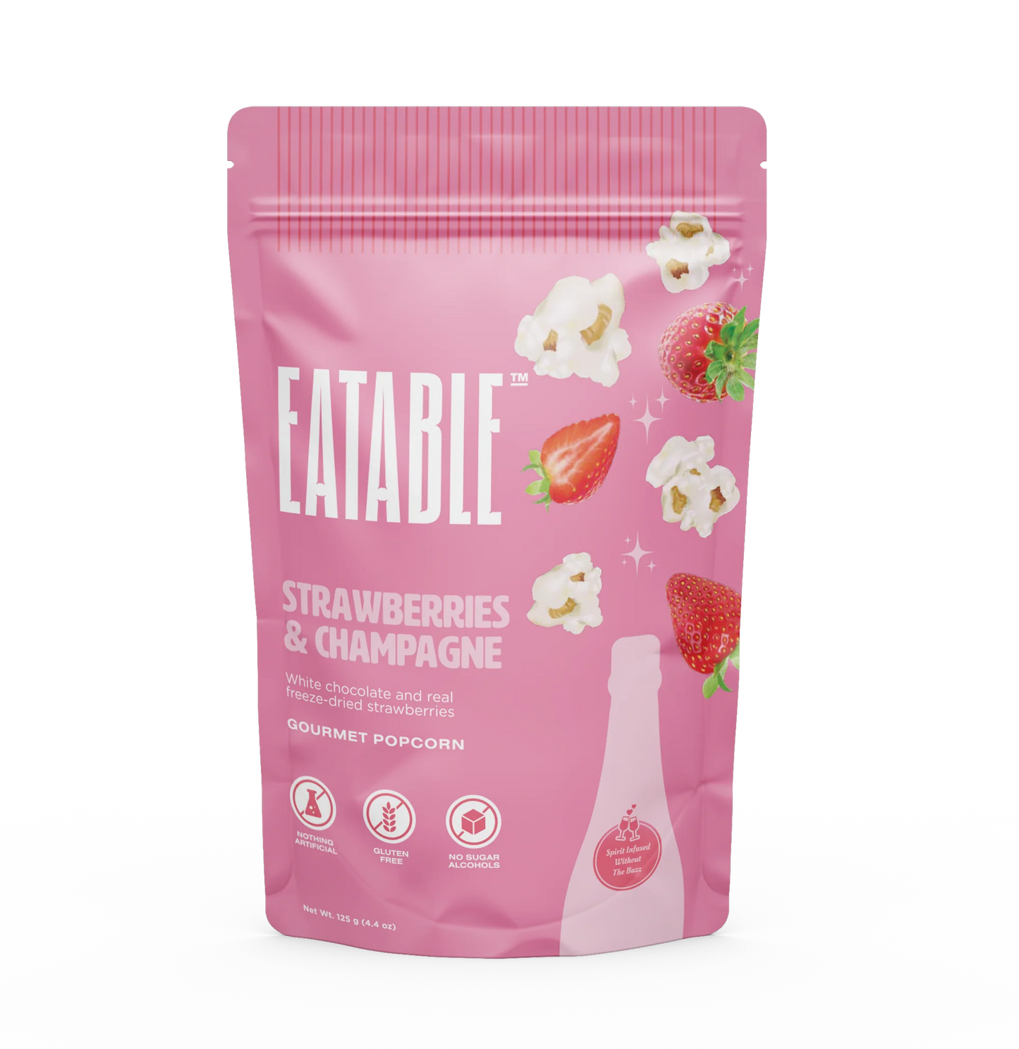 Eatable Popcorn Strawberries & Champagne - Delightful white chocolate kettle corn with sweet strawberry and champagne essence in elegant pink packaging | Unpredictable Gifts