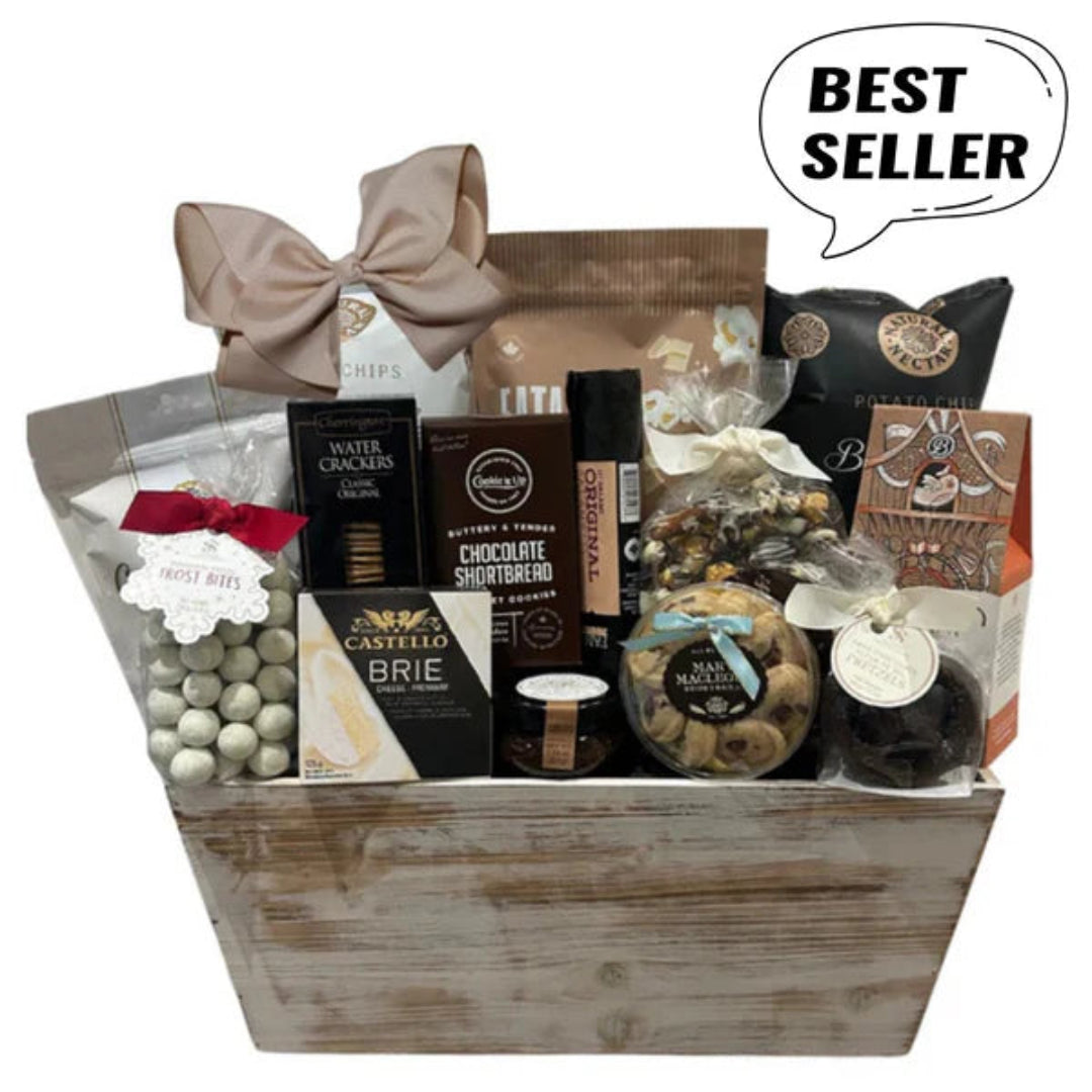 Luxury Academy Awards Indulgence Basket featuring Oscar-worthy Eatable popcorn, truffle chips, Trufino chocolates, artisanal salami, brie cheese, fig and walnut spread, gourmet cookies, and chocolate treats elegantly packaged by Unpredictable Gifts