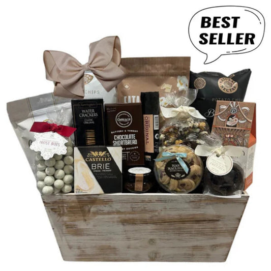 Luxury Academy Awards Indulgence Basket featuring Oscar-worthy Eatable popcorn, truffle chips, Trufino chocolates, artisanal salami, brie cheese, fig and walnut spread, gourmet cookies, and chocolate treats elegantly packaged by Unpredictable Gifts