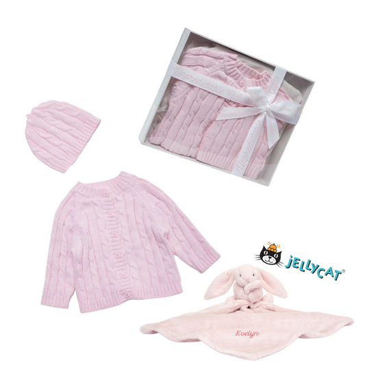 Cotton Cable-knit Cardigan & Beanie Set + Personalized Pink Jellycat Bunny - Unpredictable Gifts