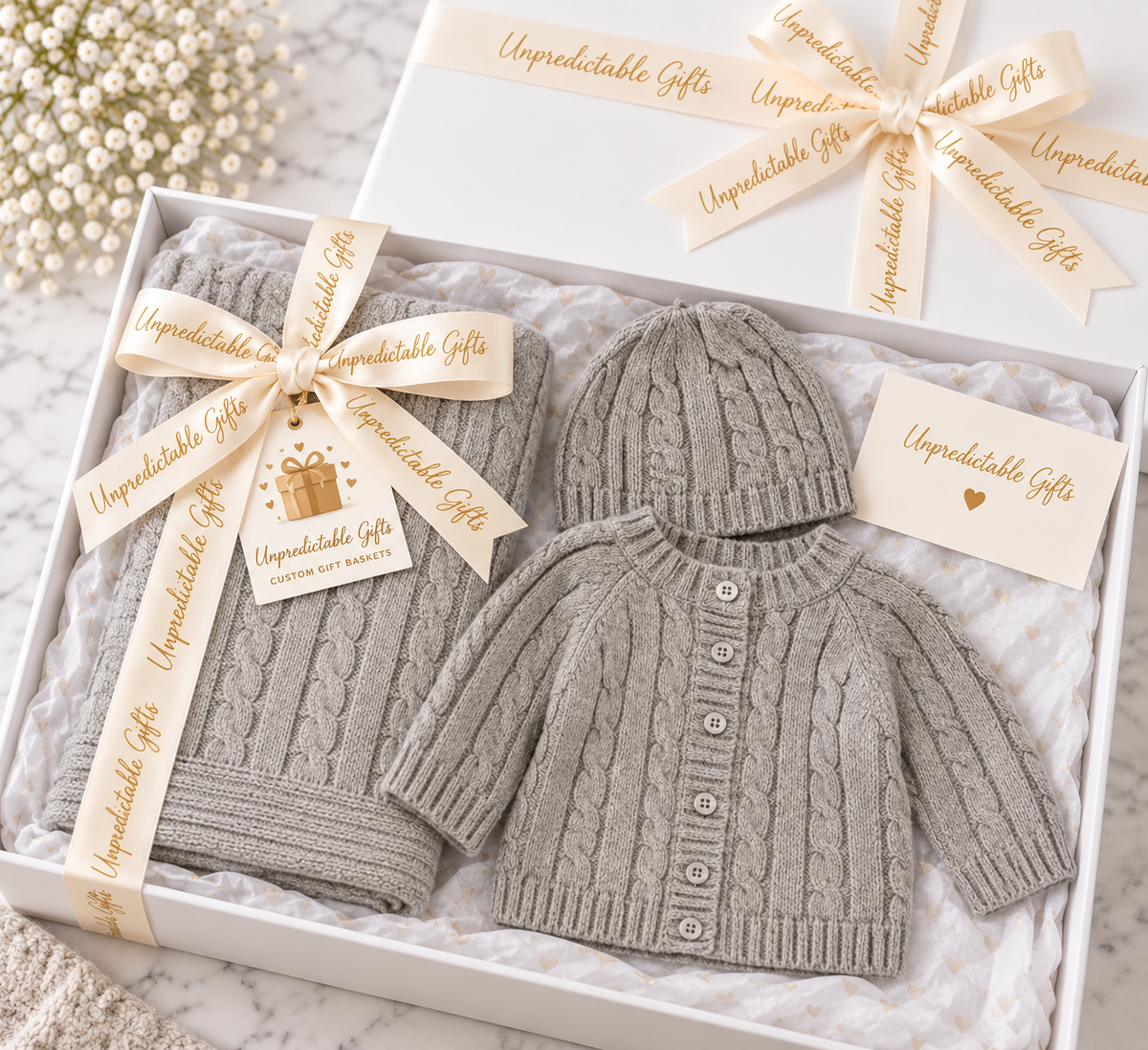 Grey Cable-Knit Baby Gift Box – 3-Piece Newborn Gift Set 100% Cotton