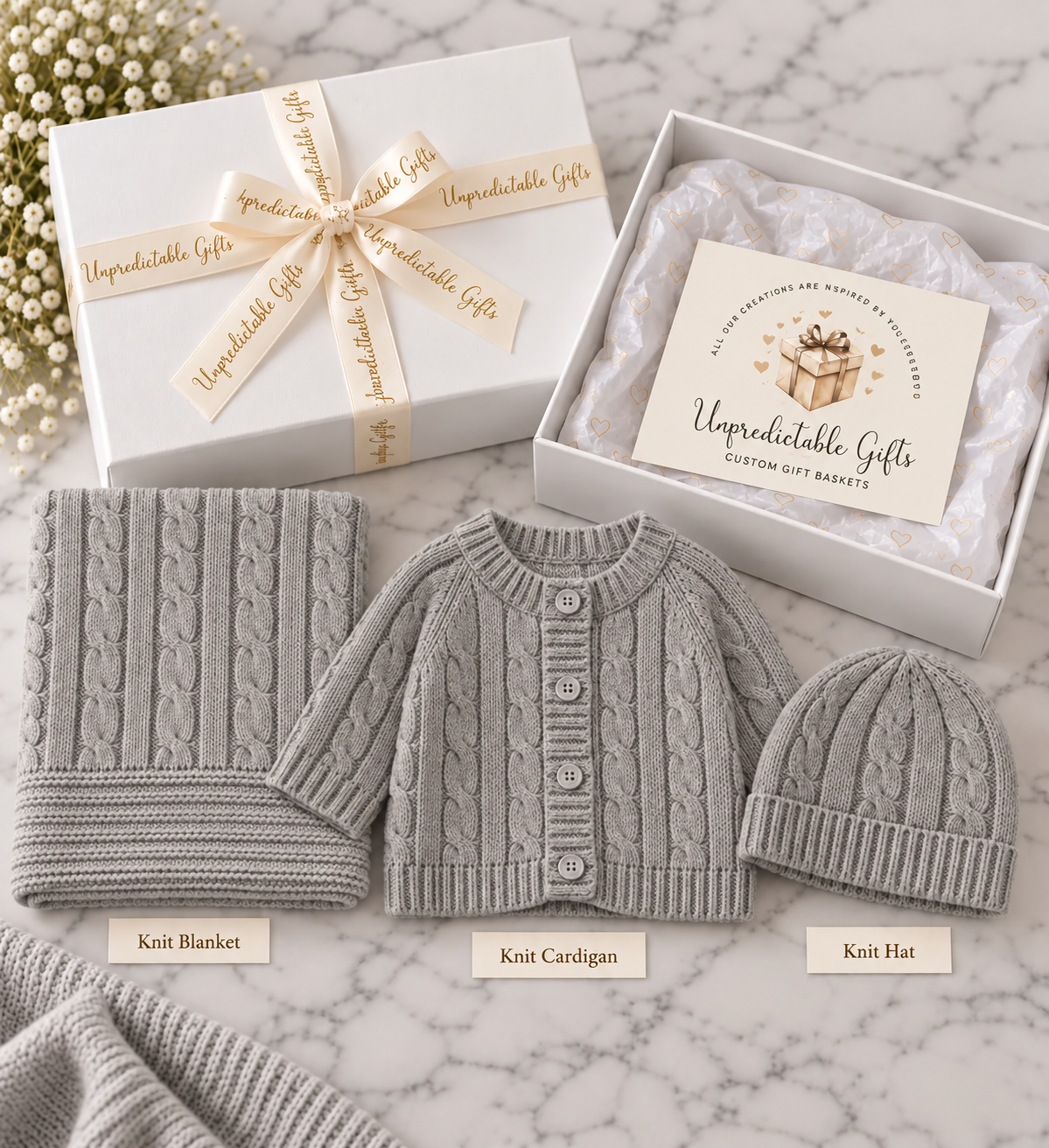 Grey Cable-Knit Baby Gift Box – 3-Piece Newborn Gift Set 100% Cotton