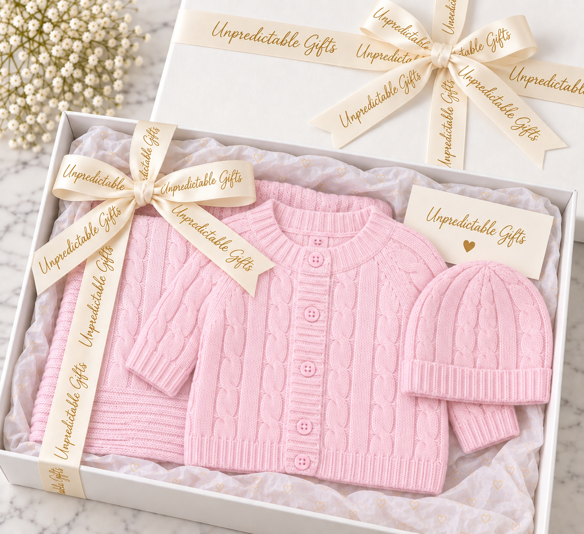 Pink Cable-Knit Baby Gift Box – 3-Piece Newborn Gift Set 100% Cotton
