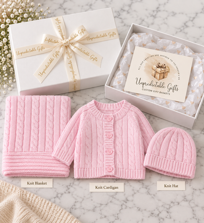 Pink Cable-Knit Baby Gift Box – 3-Piece Newborn Gift Set 100% Cotton