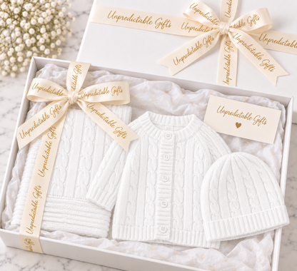White Cable-Knit Baby Gift Box – 3-Piece Newborn Gift Set 100% Cotton