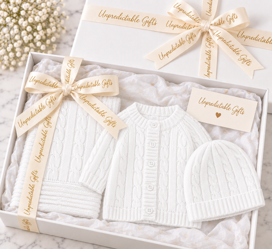 White Cable-Knit Baby Gift Box – 3-Piece Newborn Gift Set 100% Cotton