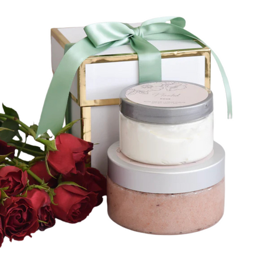 Rose Body Care Gift Set featuring Rose Body Scrub and Rose Aloe Cream - Luxury skincare duo with natural ingredients and enchanting rose fragrance | Unpredictable Gifts